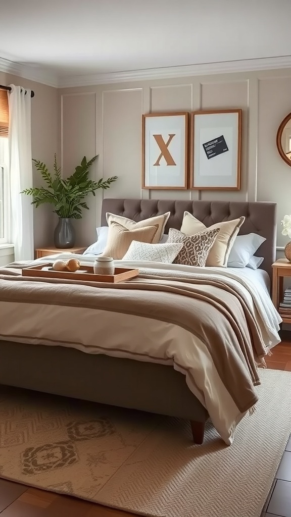 A cozy guest bedroom featuring a layered bed with neutral bedding, decorative pillows, and a small tray on top.