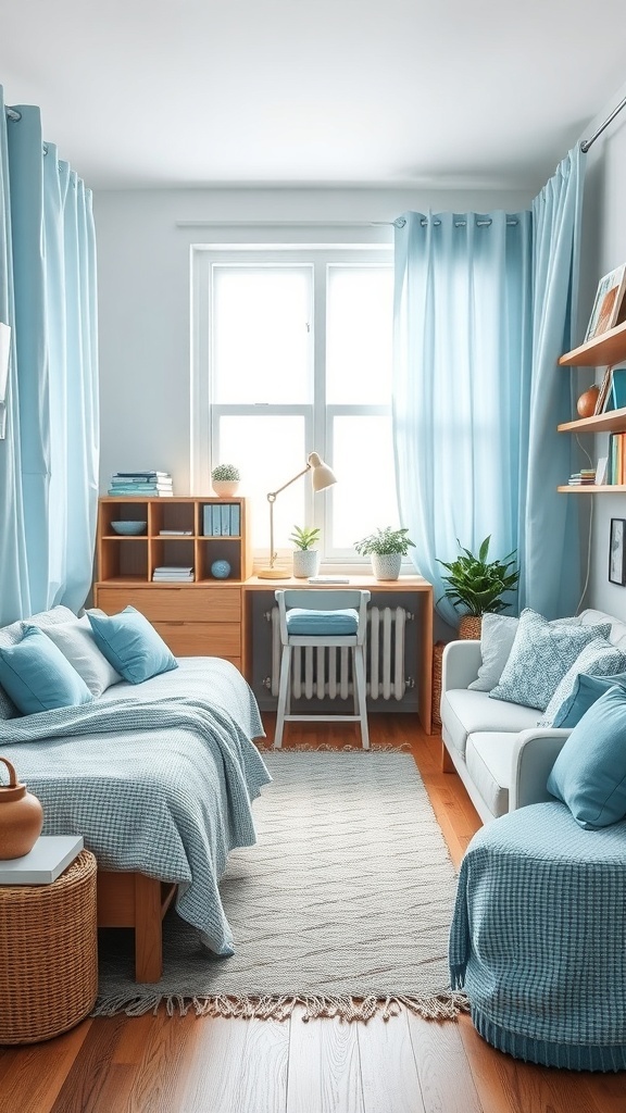 A cozy light blue dorm room with layered textiles including throws, pillows, and curtains.