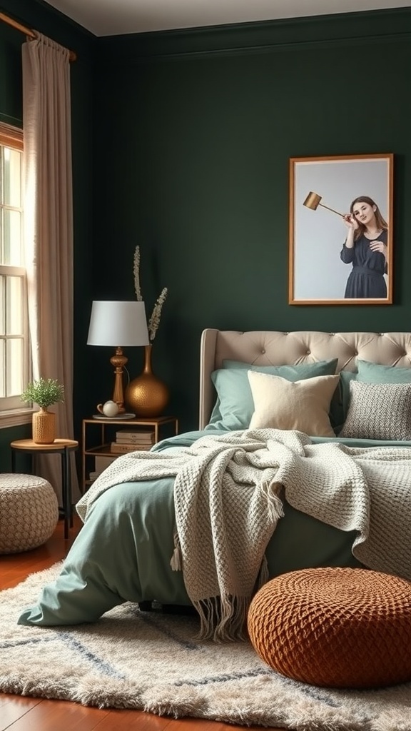 A cozy dark green bedroom featuring layered textures with a bed, pillows, and a chunky knit blanket.