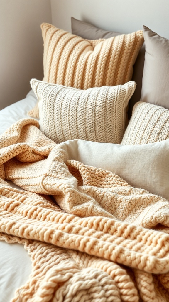 A cozy bed with knitted pillows and blankets in warm tones.