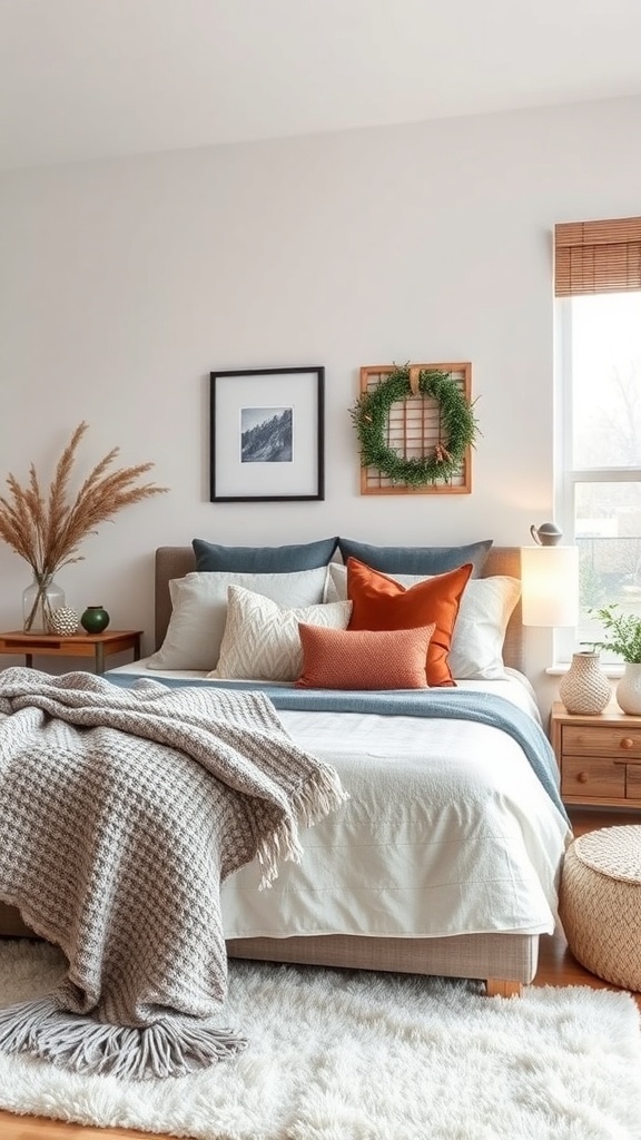 Cozy winter bedroom with layered textures, featuring a bed with pillows and a chunky knit blanket, a fluffy rug, and natural decor.