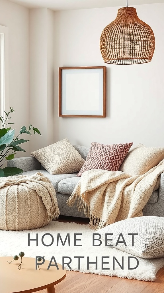 Cozy living room with a gray sofa, textured cushions, knitted throws, a round pouf, and a woven pendant light.
