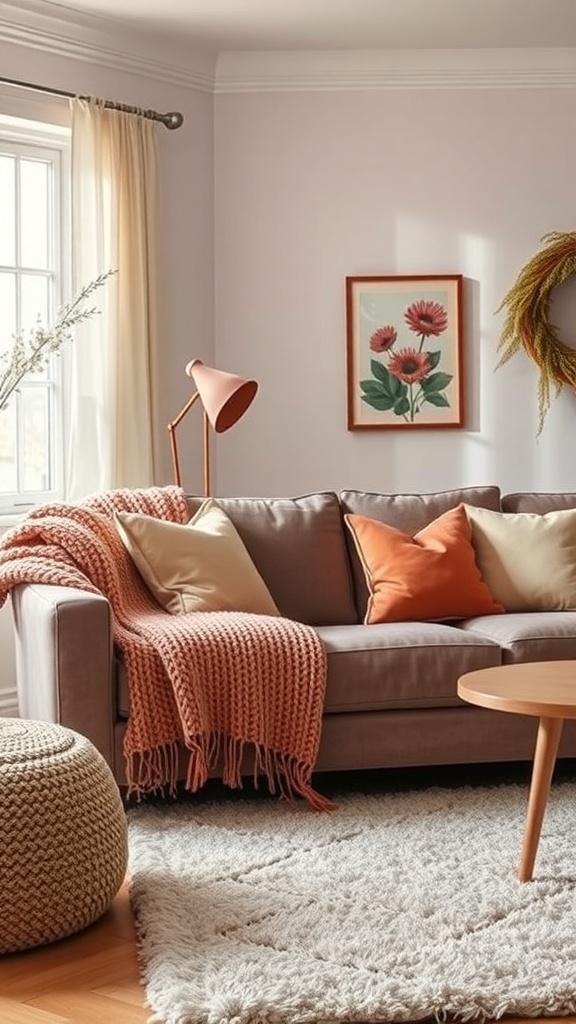 Cozy living room with a plush sofa, knitted throw, and woven pouf