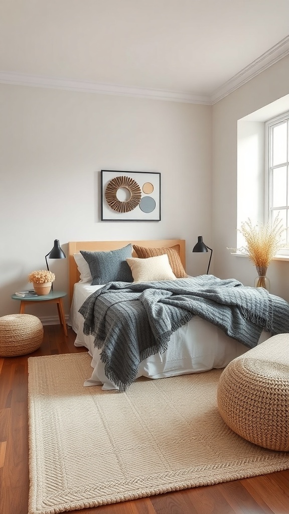 A cozy small bedroom featuring a layered bed with various textures, soft lighting, and natural decor.