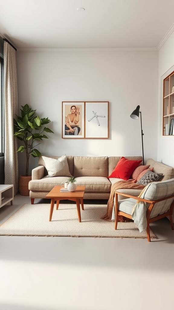 Cozy small apartment living room with a beige sofa, colorful cushions, wooden coffee table, and a plant.