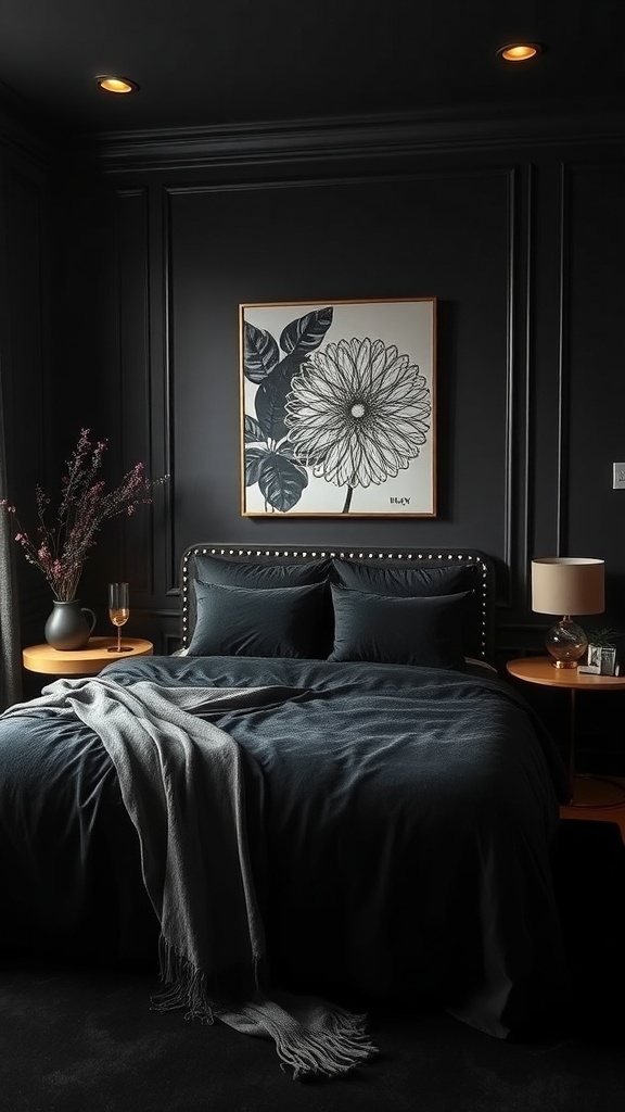 A stylish black bedroom featuring layered textures with dark bedding, a throw blanket, and elegant decor.