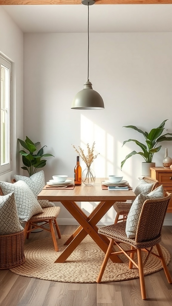 A small dining room featuring a wooden table, woven chairs, soft cushions, a jute rug, and plants, creating a cozy atmosphere.
