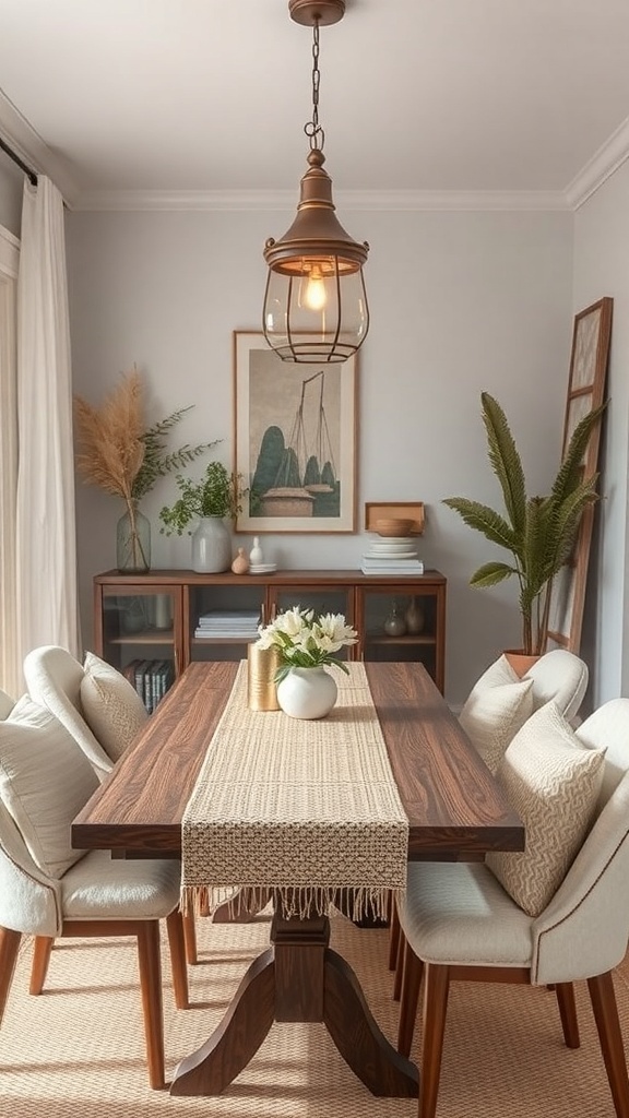 A cozy small dining room featuring a wooden table, upholstered chairs, and decorative plants.