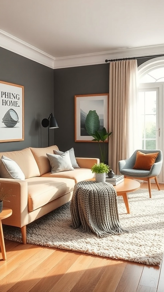 Cozy mid-century modern living room with layered textures, featuring a beige sofa, shaggy rug, and decorative elements.