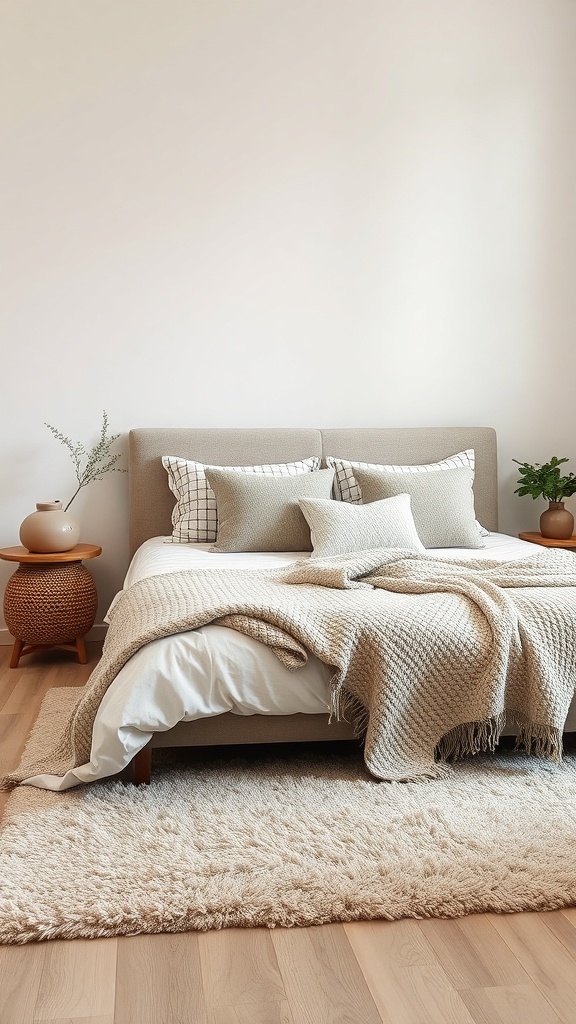 A cozy single bedroom featuring layered textures with a bed, throw blanket, cushions, and a fluffy rug.