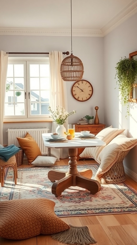 Cozy small dining room with layered textures, featuring a wooden table, cushions, and a warm color palette.
