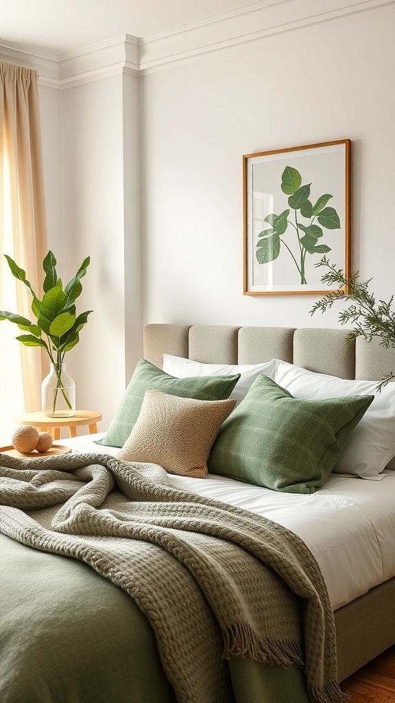 A cozy green bedroom featuring layered textures with pillows, blankets, and a leafy plant.