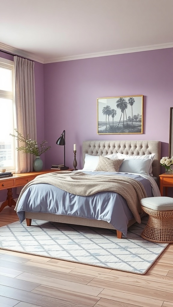 A cozy lilac bedroom featuring a tufted headboard, light blue bedding, and a patterned area rug.