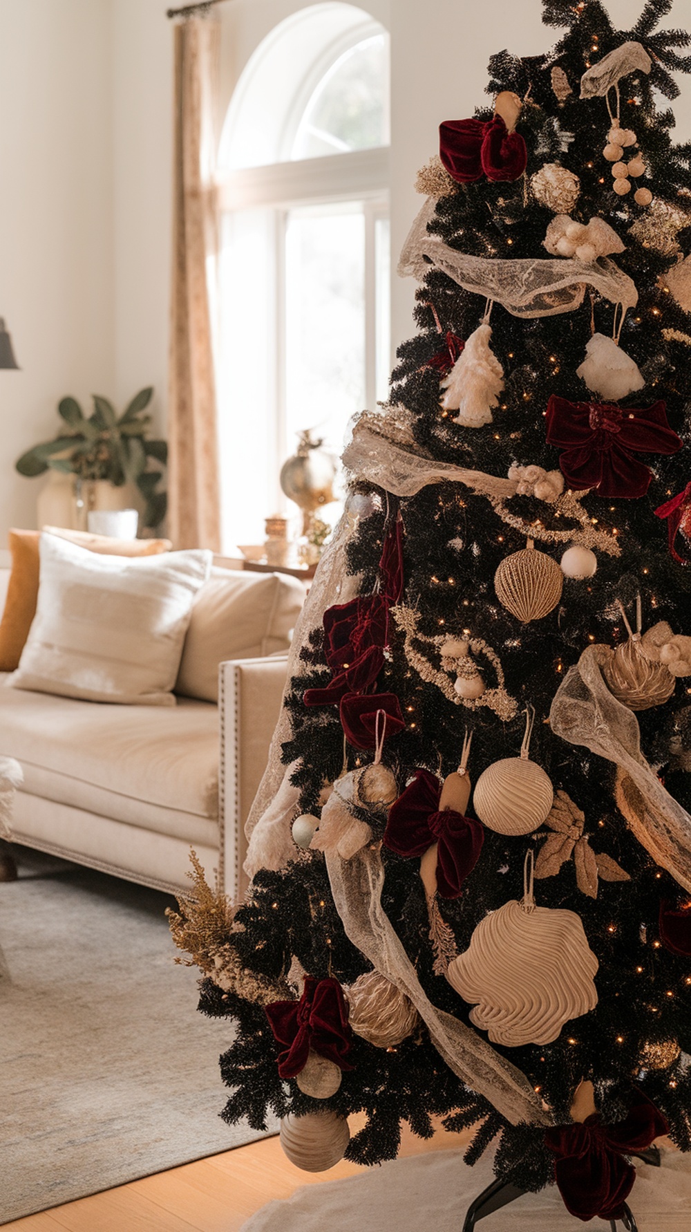 A beautifully decorated black Christmas tree with velvet bows, shiny ornaments, and a cozy tree skirt.