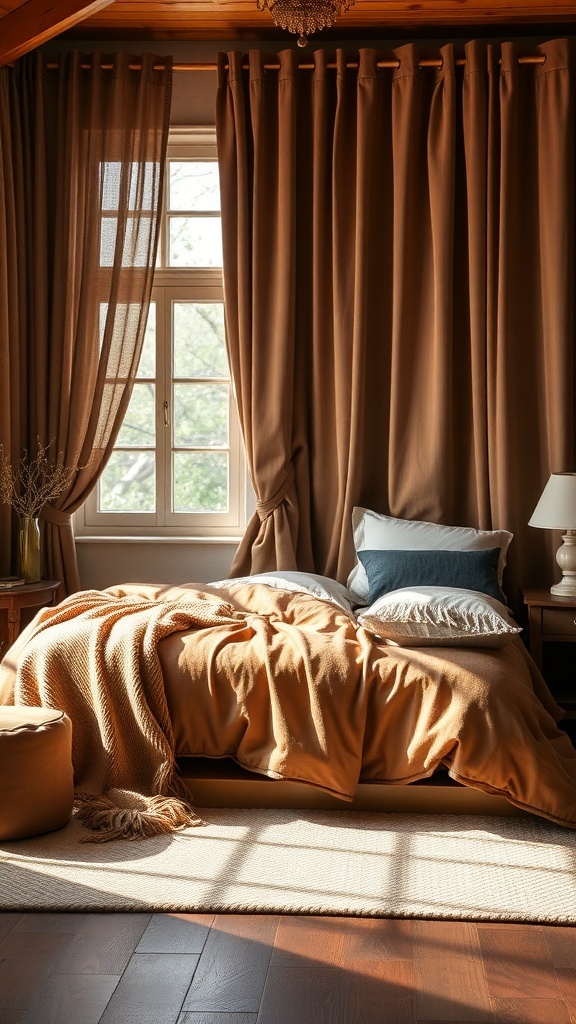 Cozy brown bedroom with layered textures, including a brown blanket, pillows, and curtains.