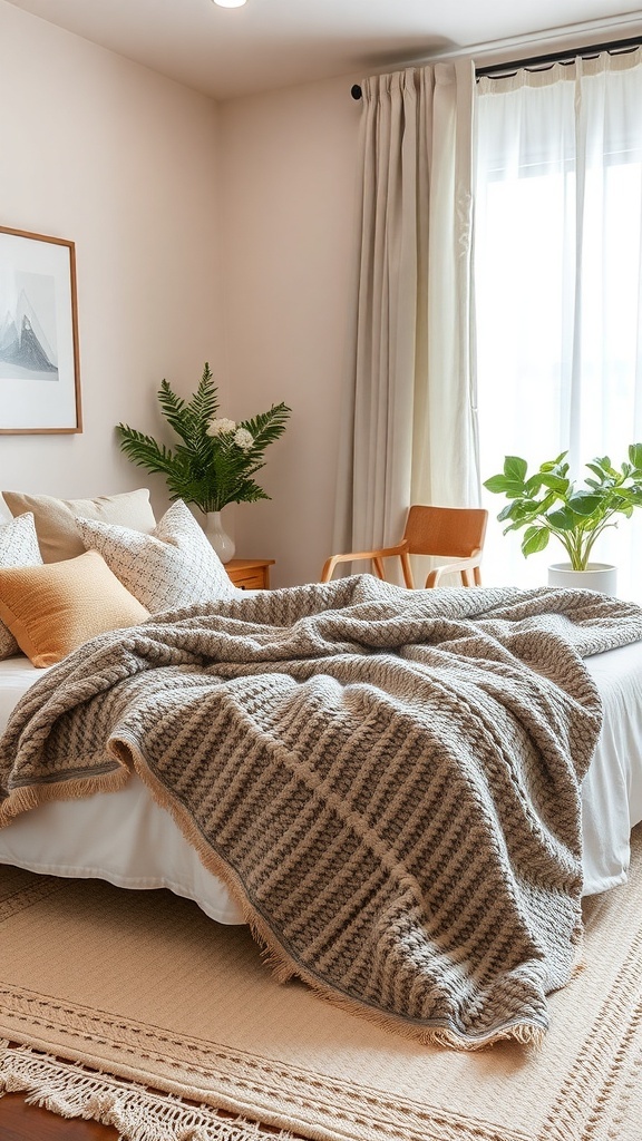 A cozy bedroom featuring a layered bed with a chunky knit blanket, decorative pillows, and plants.