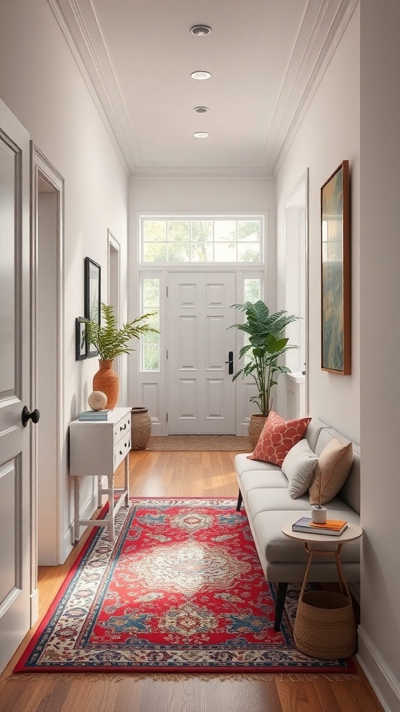 A small hallway featuring a vibrant red rug, a gray sofa, and plants, creating a cozy and stylish atmosphere.