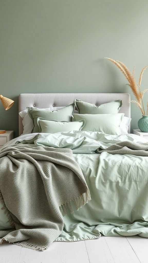 A cozy sage-themed bedroom featuring layered textures with soft bedding and decorative pillows.