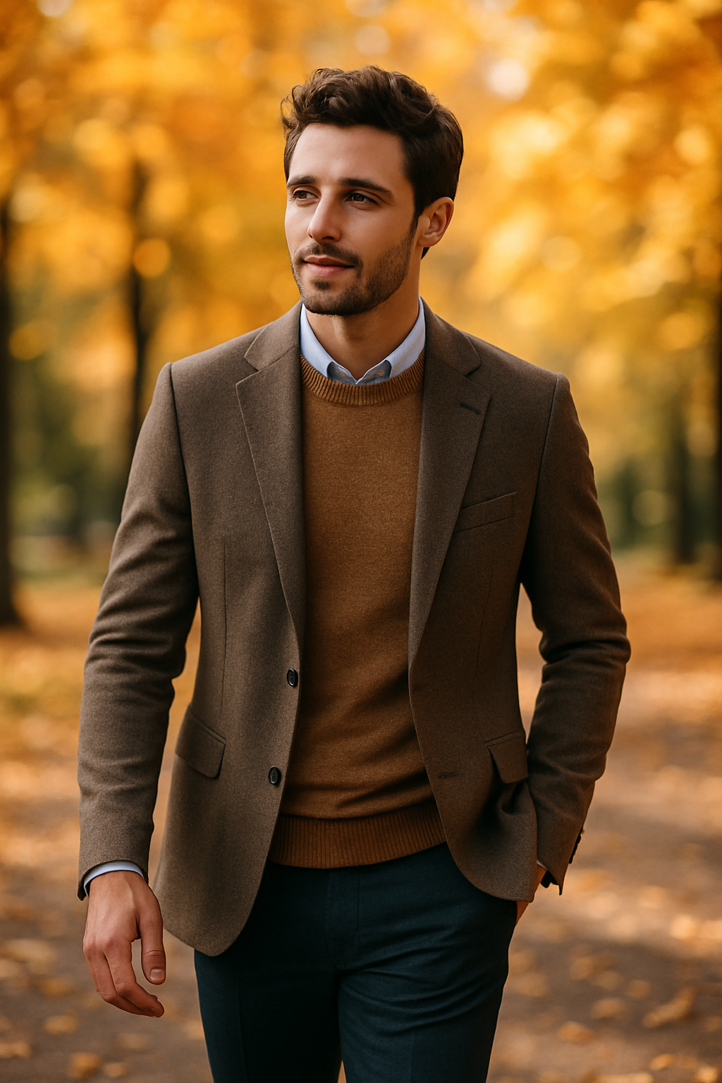 A man wearing a brown blazer with a sweater and collared shirt in an autumn setting