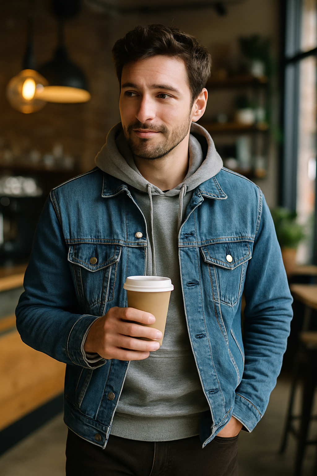 A man wearing a denim jacket over a gray hoodie, holding a coffee cup.