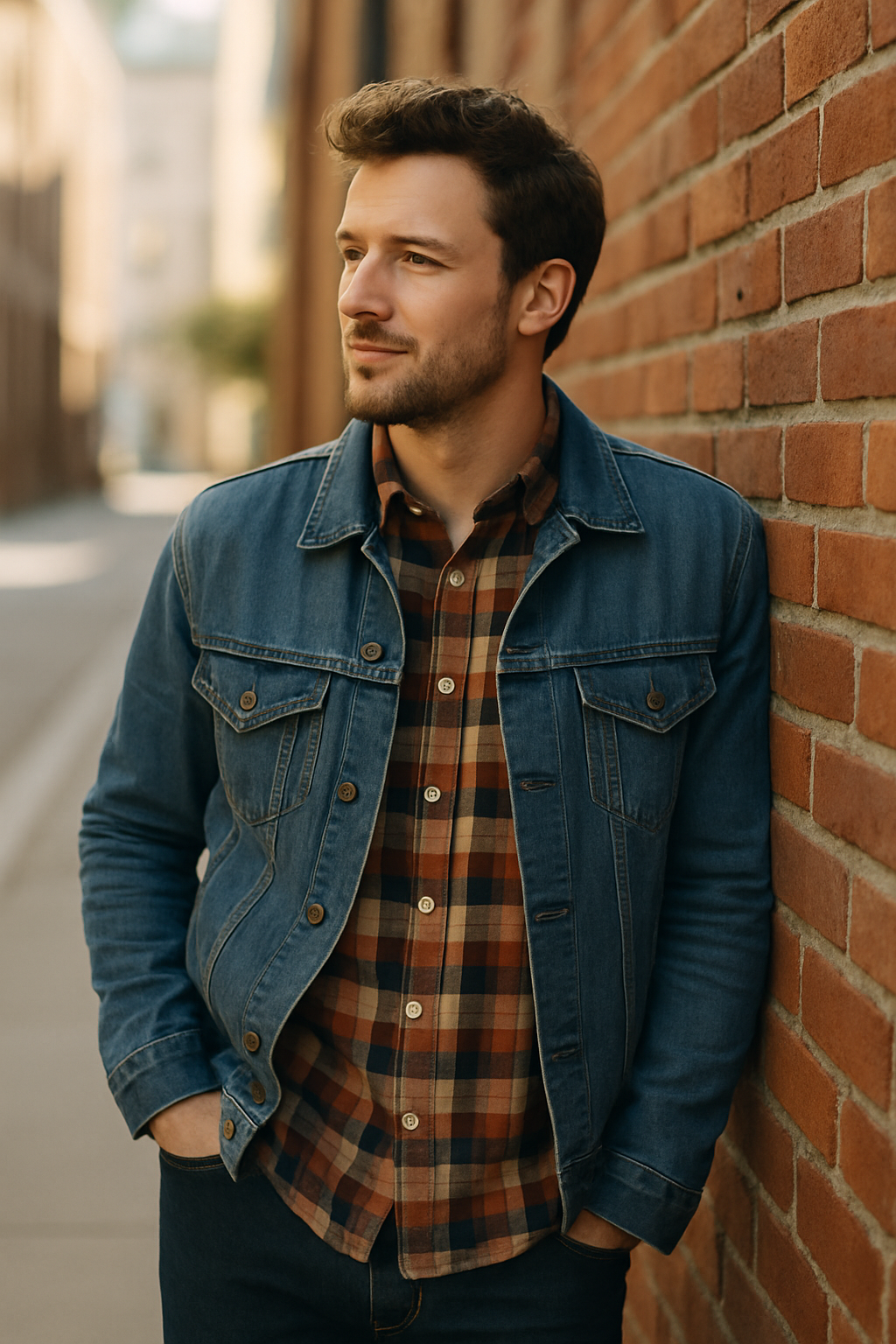 A man wearing a denim jacket over a plaid button-up shirt, leaning against a brick wall in an urban setting.
