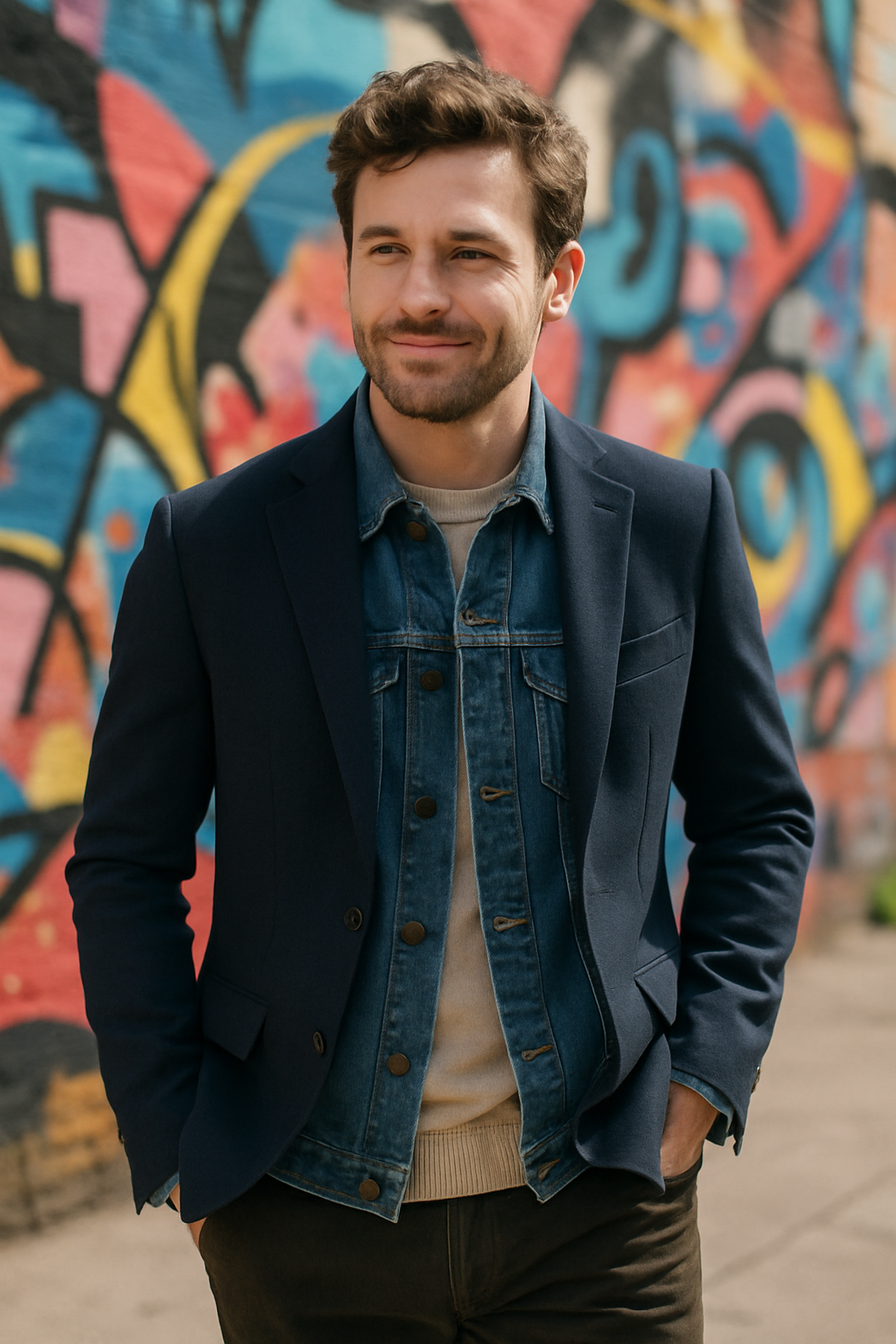 A man wearing a navy blue blazer layered with a denim jacket, smiling against a colorful mural background.