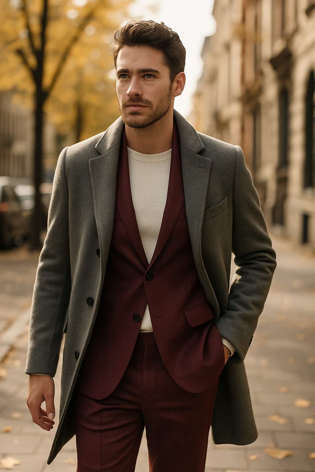 Man wearing a burgundy suit with a grey overcoat, walking on a street lined with trees.