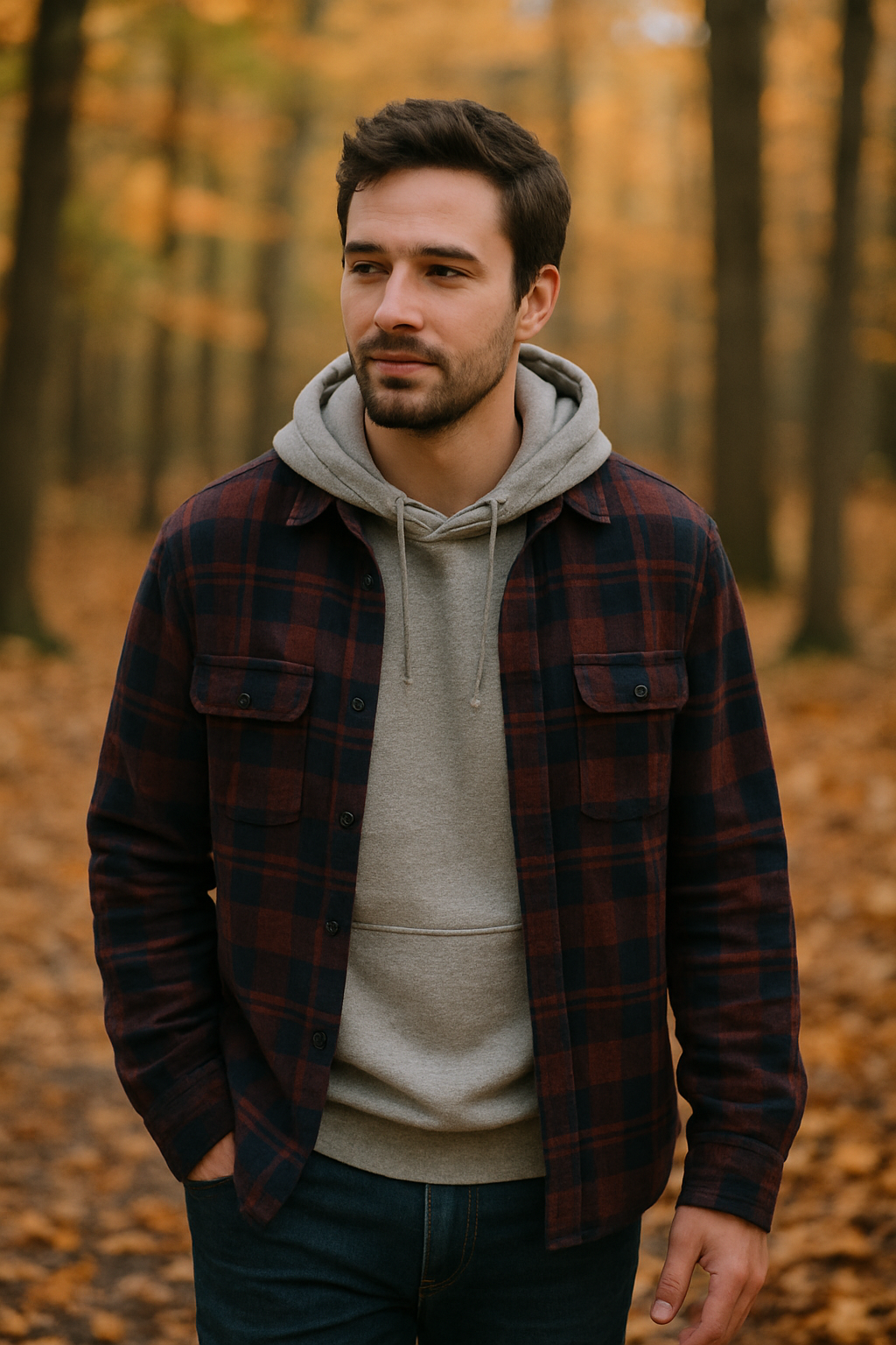 A man wearing a grey hoodie layered under a red and black flannel shirt, standing in a forest with autumn leaves.