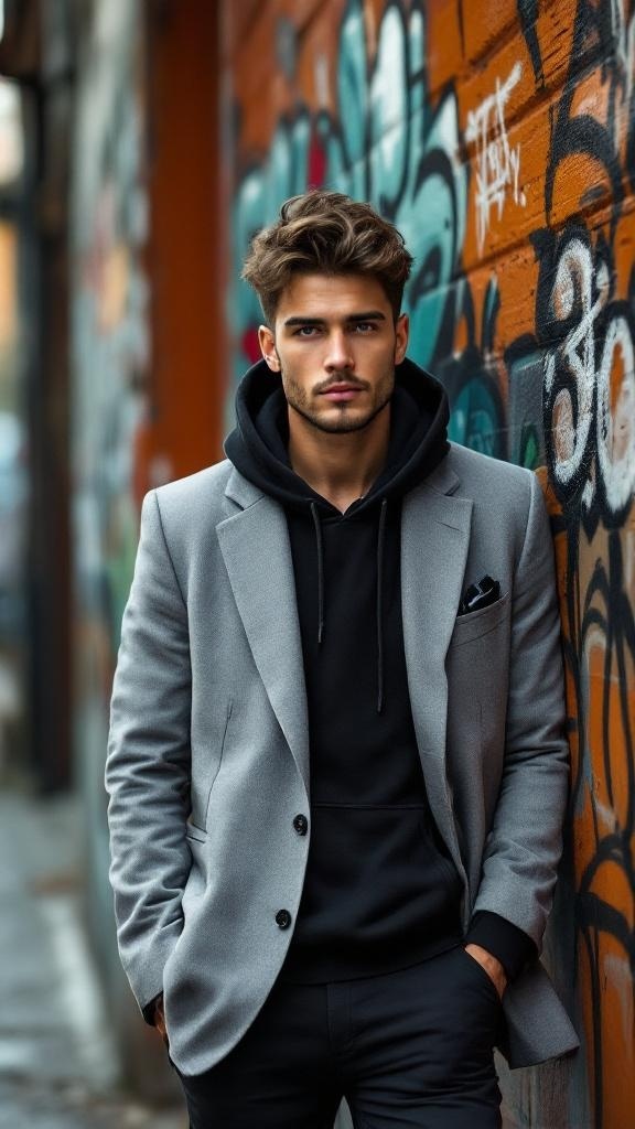 A man wearing a light gray blazer over a black hoodie, standing against a graffiti wall.