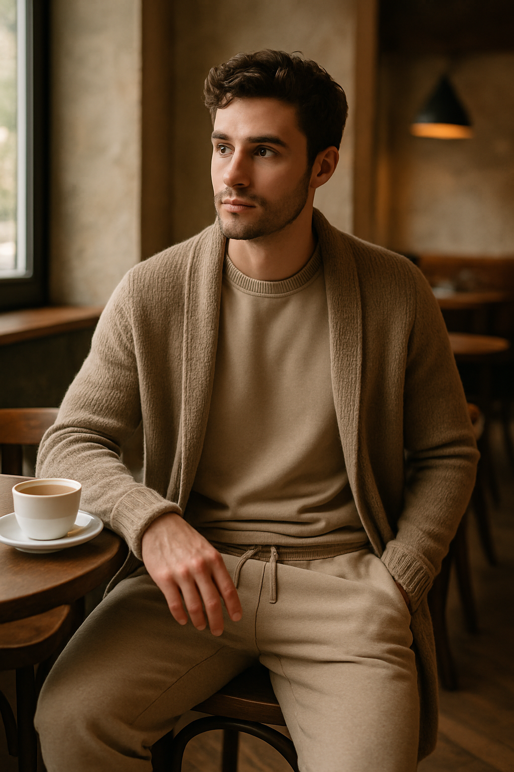 A man in a beige long cardigan and matching sweatpants sitting in a cafe with a cup of coffee.