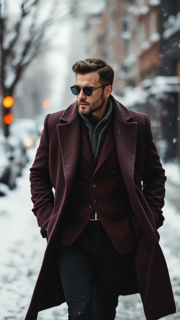 A man wearing a maroon blazer and overcoat walking in the snow, showcasing a stylish winter outfit.