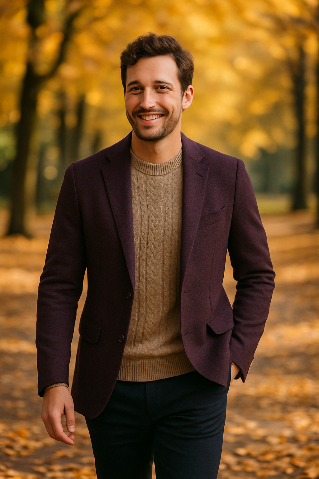 A man wearing a purple blazer and a cable-knit sweater during autumn, smiling in a park setting.