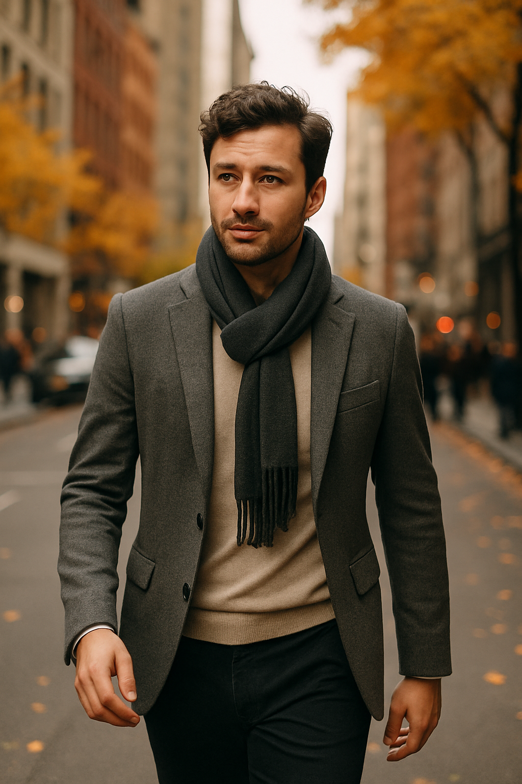 A man wearing a gray blazer and a dark scarf walking down a city street in autumn.