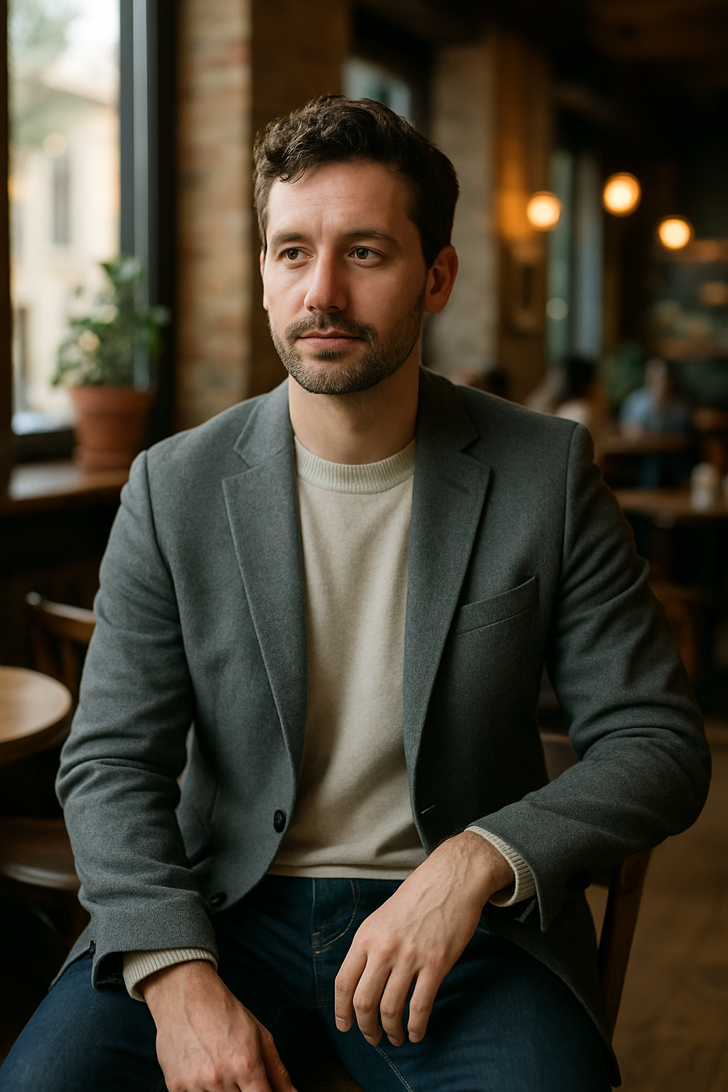 A man wearing a gray blazer over a light sweater, sitting in a cozy café.