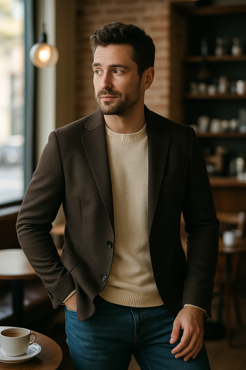 A man wearing a brown blazer over a beige sweater, standing in a cozy cafe.