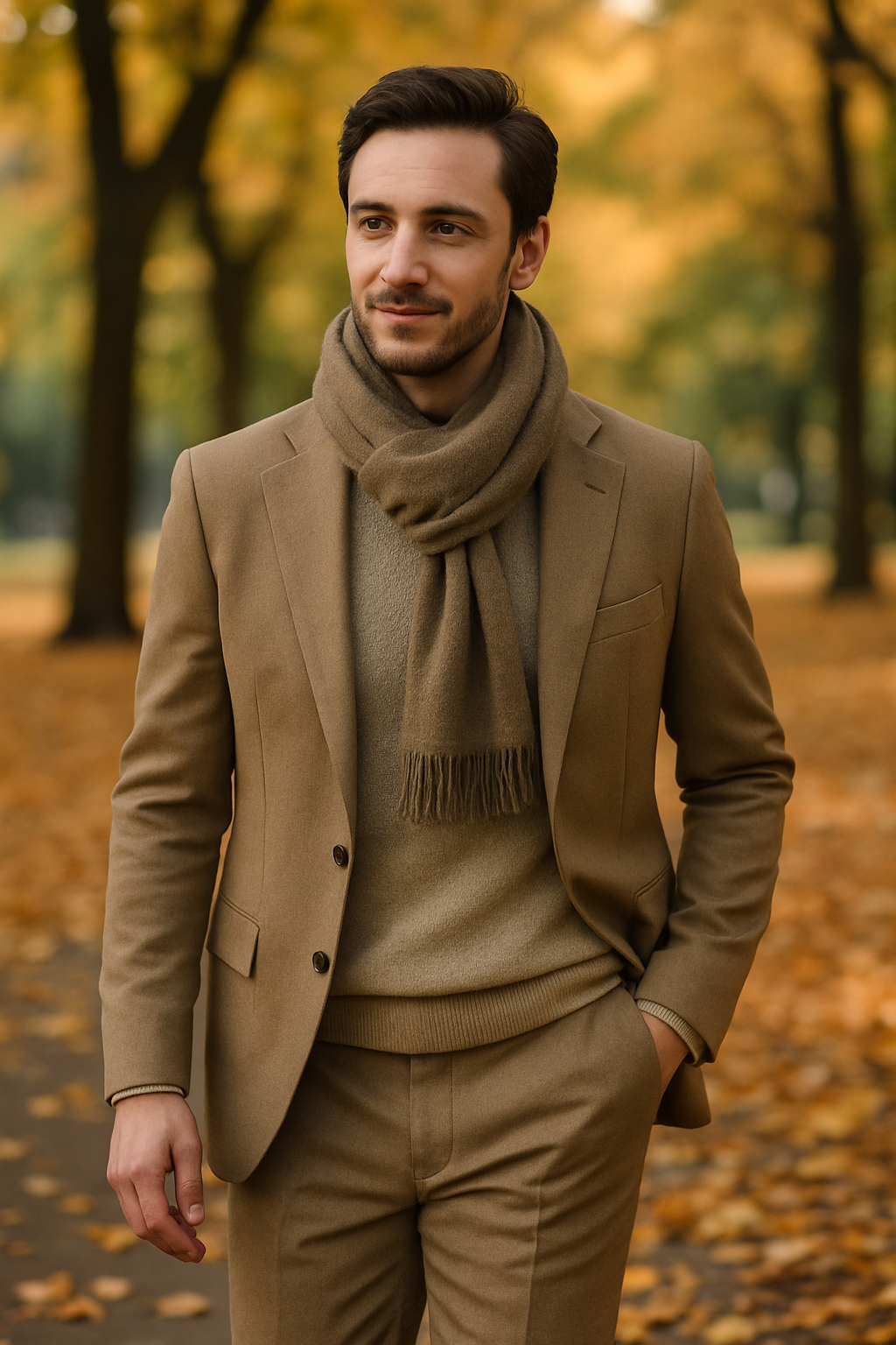 A man wearing a tan suit with a sweater and scarf, standing in a fall setting with orange leaves.