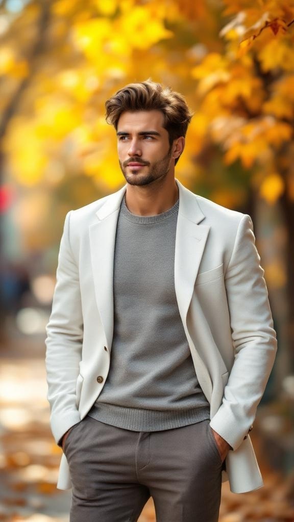 A man wearing a white blazer over a gray sweater, standing outdoors with autumn leaves in the background.
