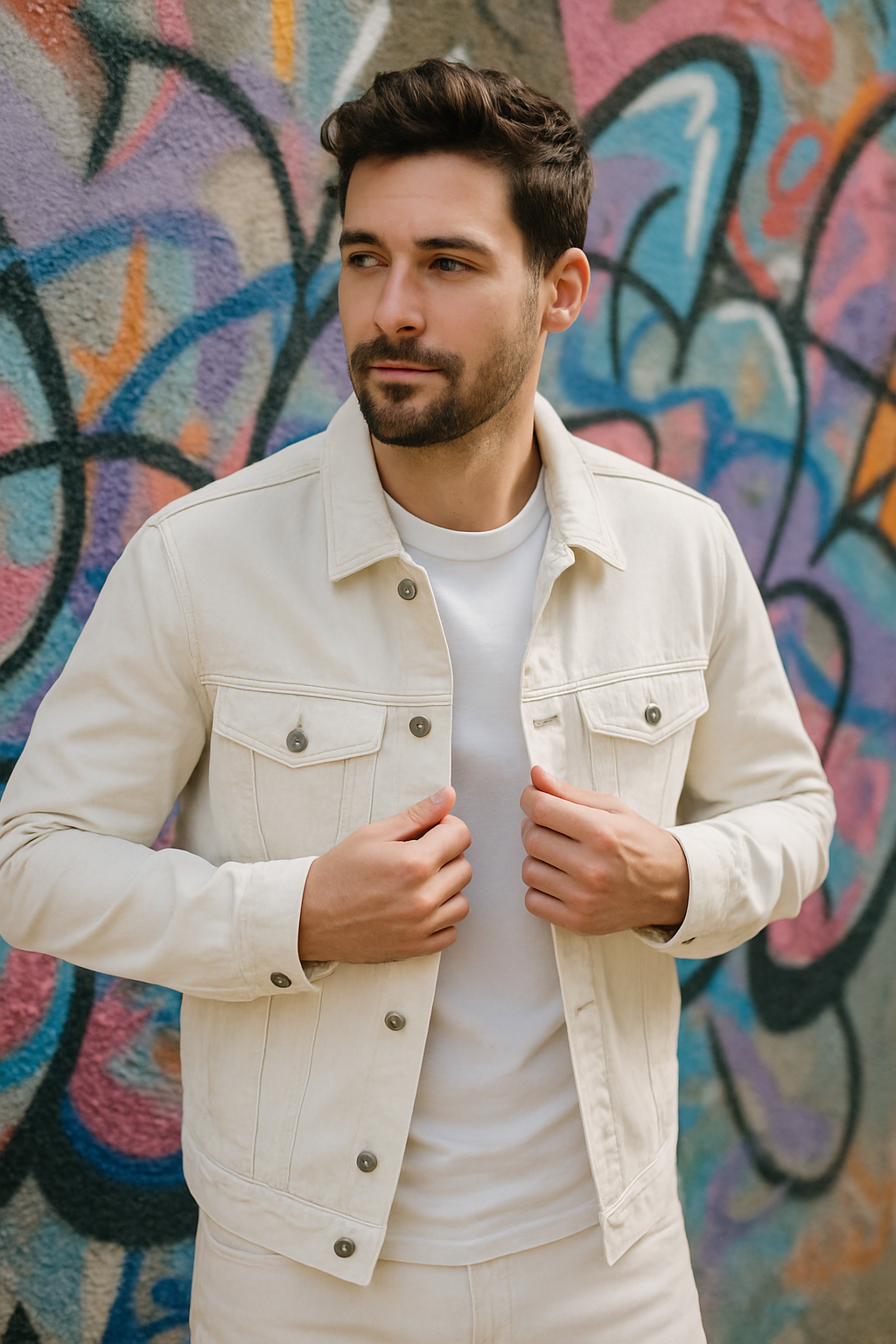 A man wearing a white denim jacket over a white t-shirt, standing in front of a colorful graffiti wall.