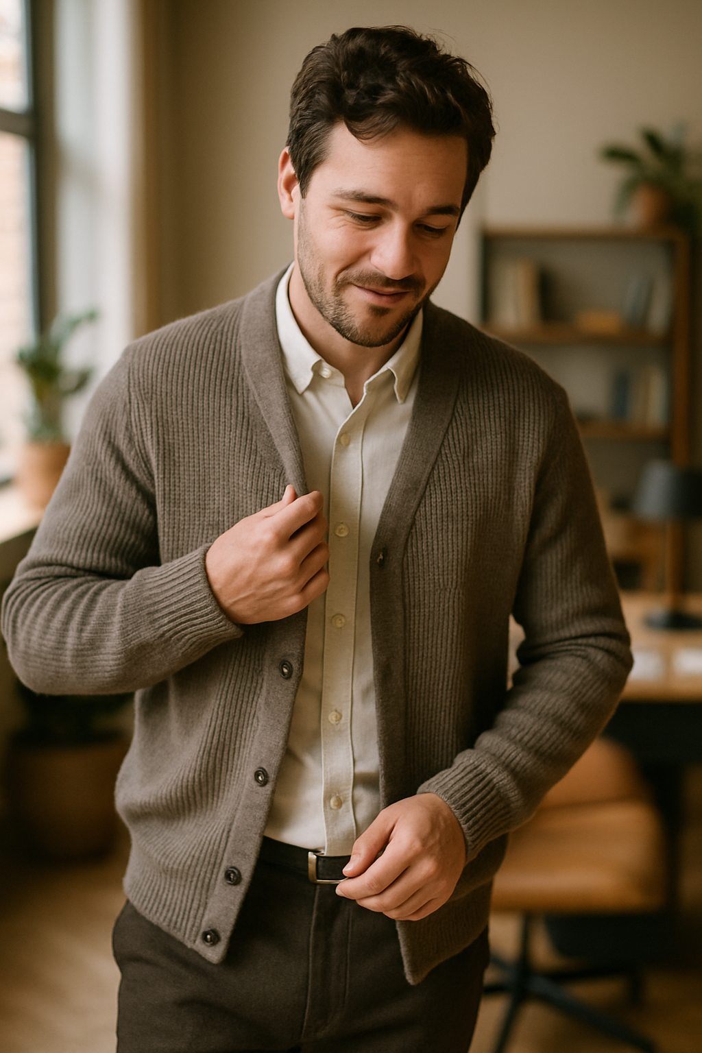 A man wearing a cardigan over a collared shirt, showcasing a business casual outfit.