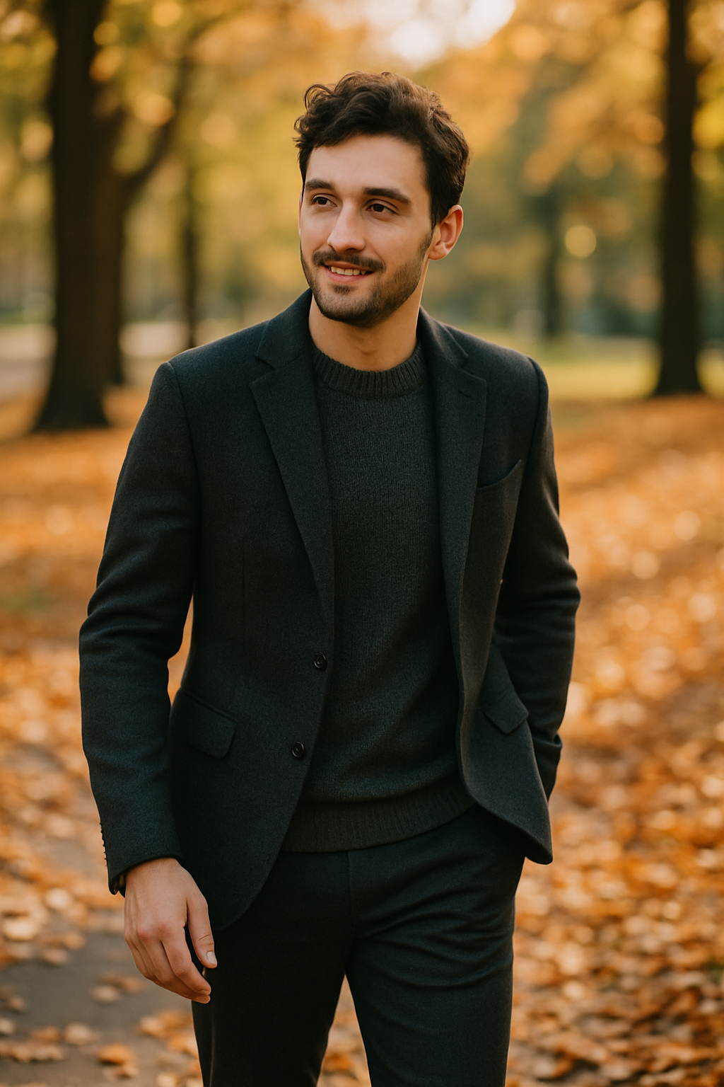 A man wearing a charcoal blazer and knit sweater walking in a park with autumn leaves.
