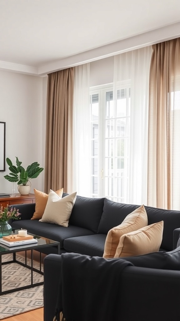 A stylish living room featuring a black couch with layered curtains in beige and sheer white, complemented by decorative pillows and a coffee table.