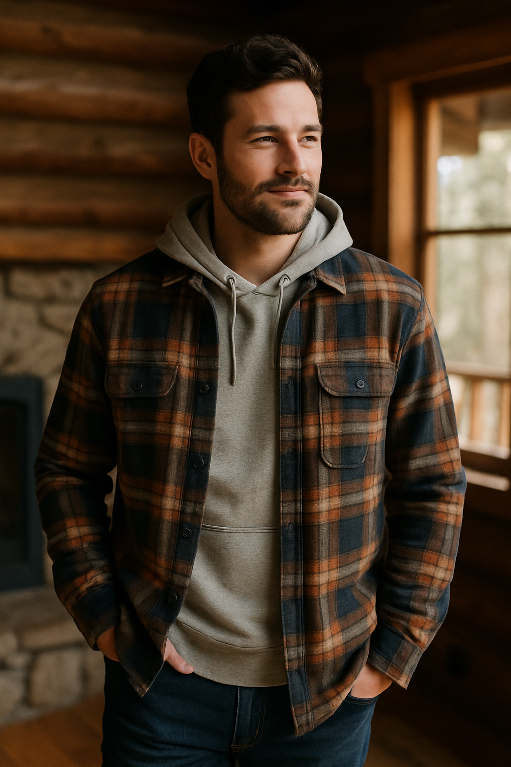 A man wearing a flannel shirt over a hoodie, standing indoors with a cozy atmosphere.