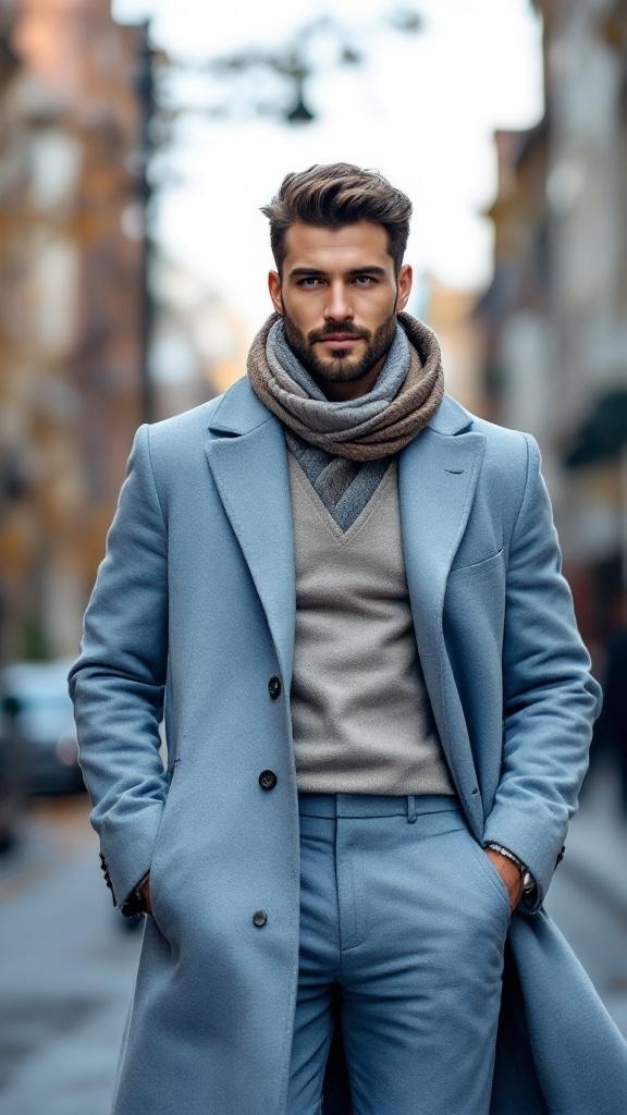 A man wearing a light blue suit with a scarf and sweater, standing outdoors in a city setting.