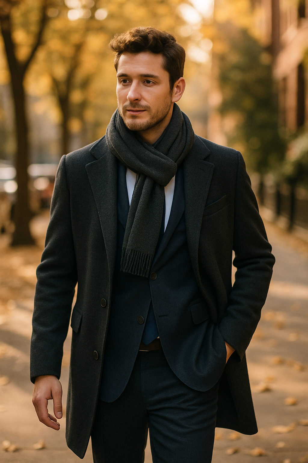 A man wearing a navy blue suit with a coat and scarf, walking in an autumn setting.