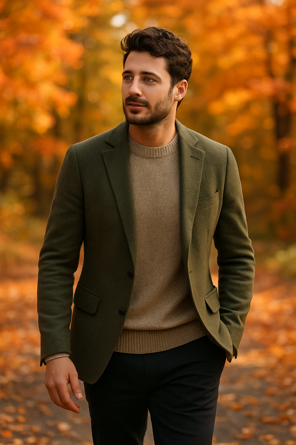 A man wearing an olive blazer and beige sweater, walking in a fall setting with colorful leaves.