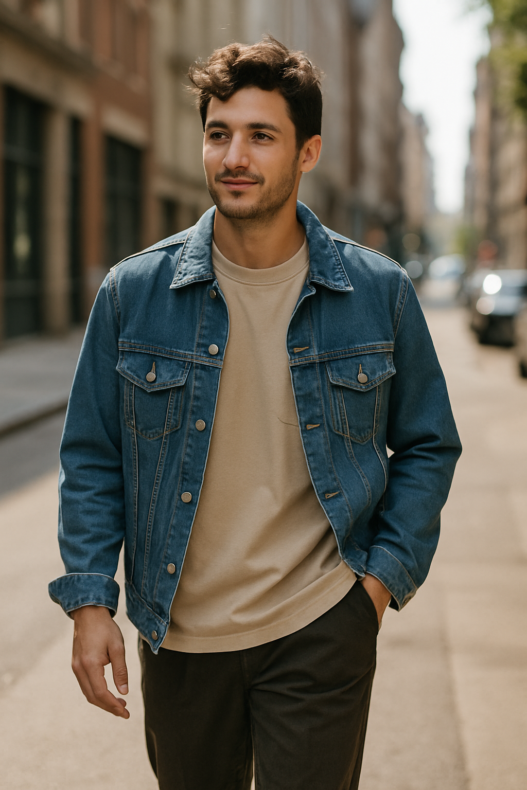 A man walking in a city wearing an oversized beige t-shirt, denim jacket, and trousers.