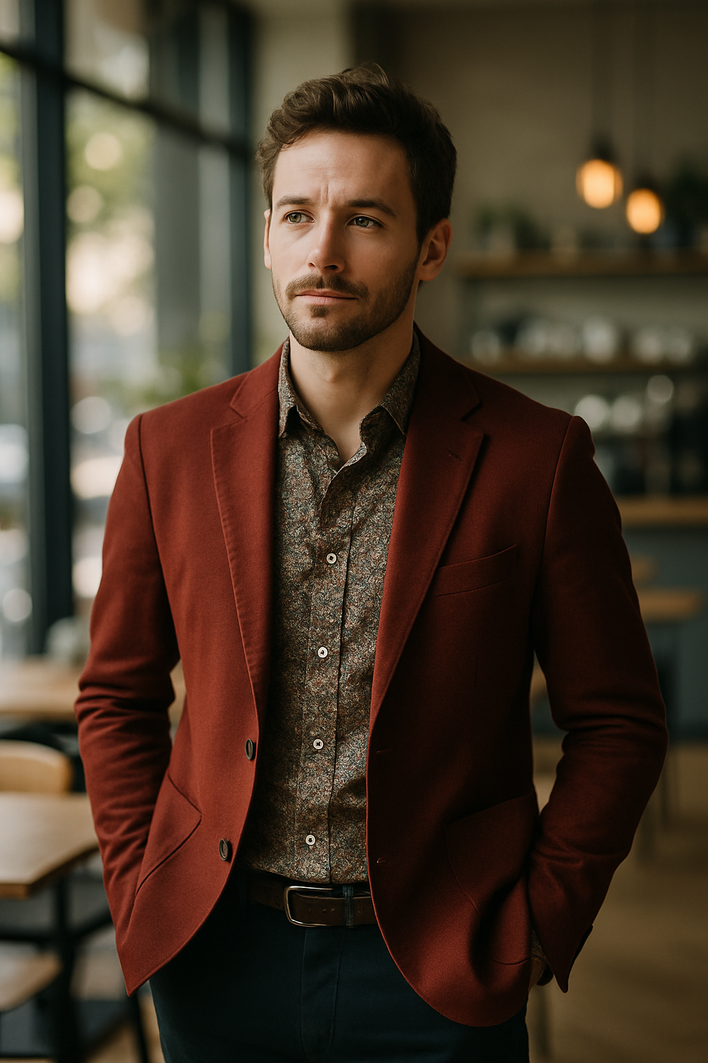 A man wearing a red blazer over a patterned shirt, standing in a modern cafe.