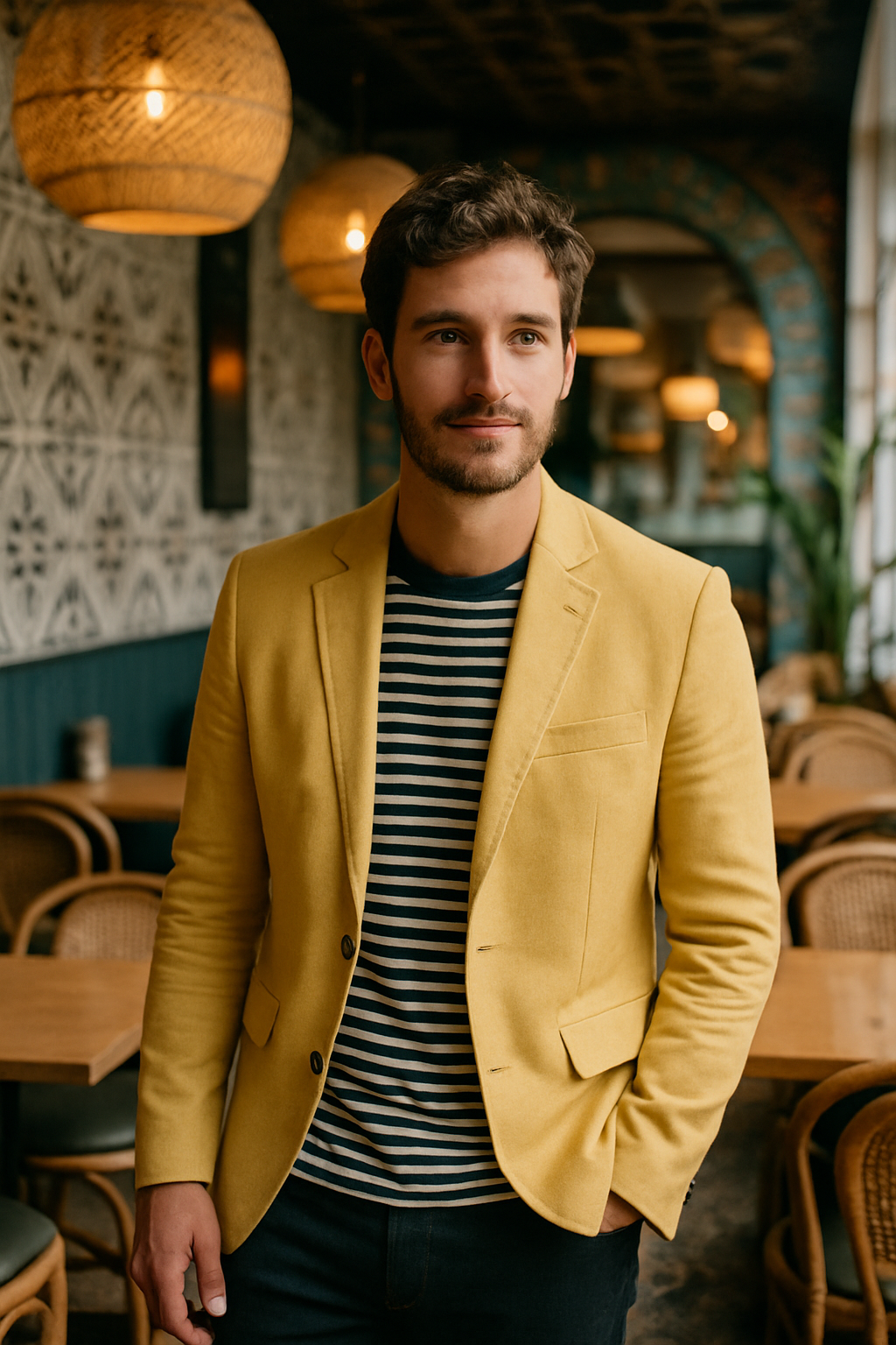 A man wearing a yellow blazer over a striped shirt, standing in a stylish cafe.