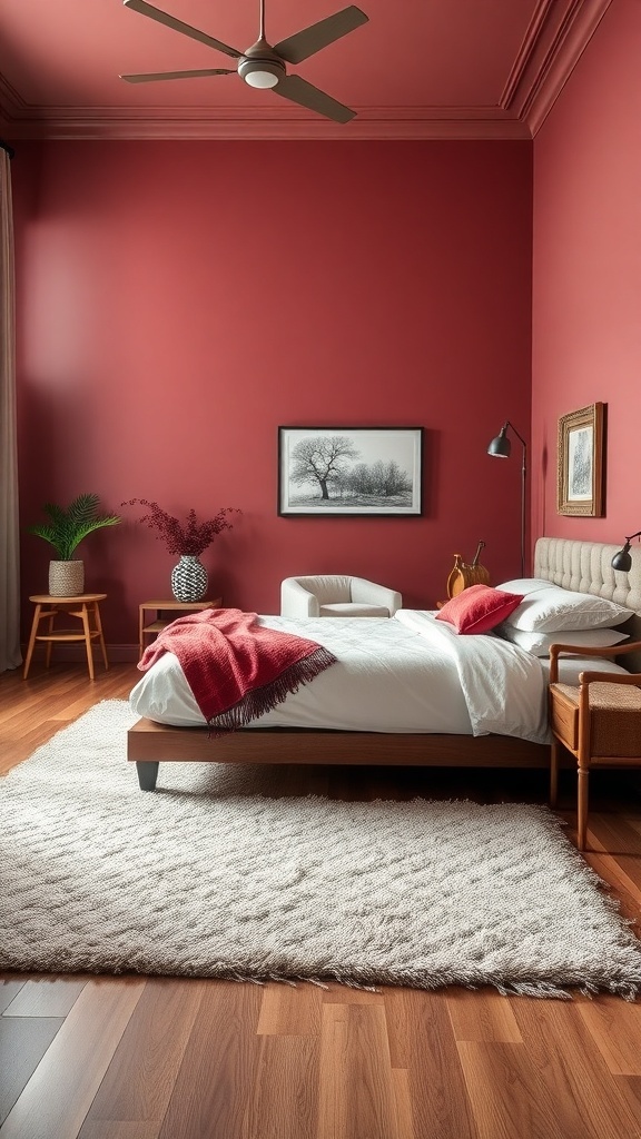 A cozy burgundy bedroom featuring a fluffy white rug layered on a wooden floor.