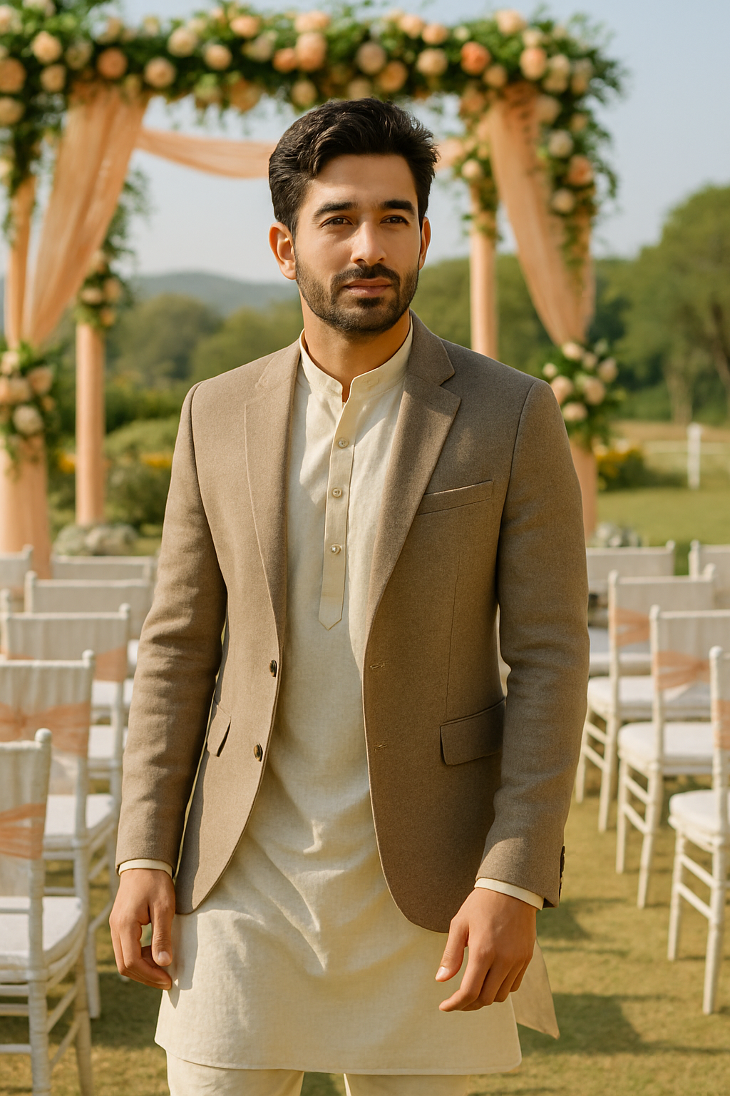 A man in a beige blazer over a cream kurta, standing in a wedding setting with floral decorations.
